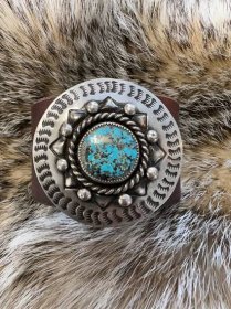 Kingman turquoise repousse' sterling concho leather cuff