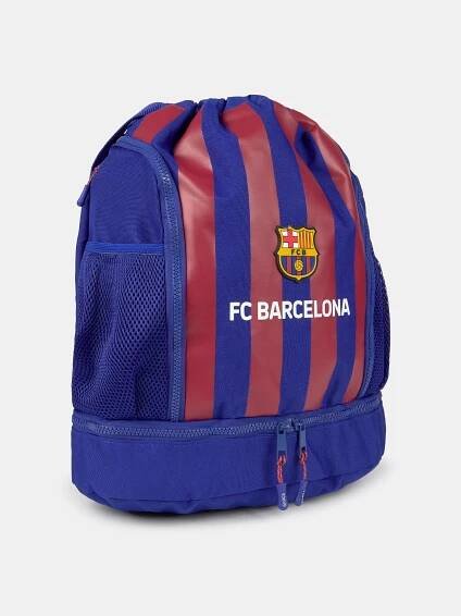 FC Barcelona drawstring backpack with blue and red stripes, club crest, mesh pockets, and zippered bottom compartment