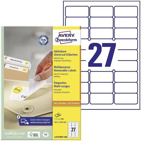 Avery-Zweckform L4737REV-100 univerzální etikety 63.5 x 29.6 mm papír bílá 2700 ks přemístitelné inkoustová tiskárna, la