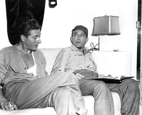 WHITE CHRISTMAS, Danny Kaye, Bing Crosby on set, 1954
