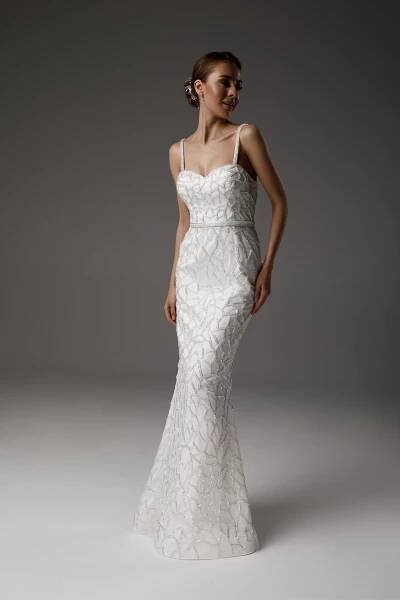 Felicity gown, 2021, couture, dress, bridal, off-white, embroidery, sheath silhouette
