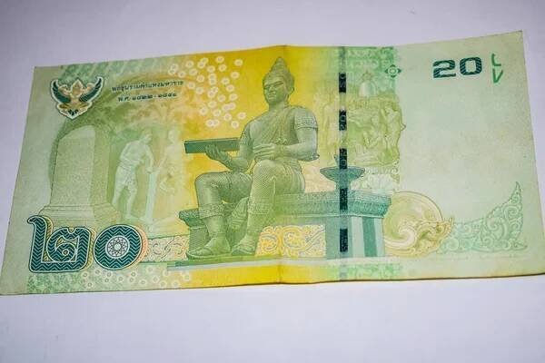Vzácné Staré Thajsko Cizí měna 20 Baht Note, Král Bhumibol Adulyadej na 20 Baht Thajsko peníze účet zblízka, Bill of National currency of Thailand — Stock obrázek