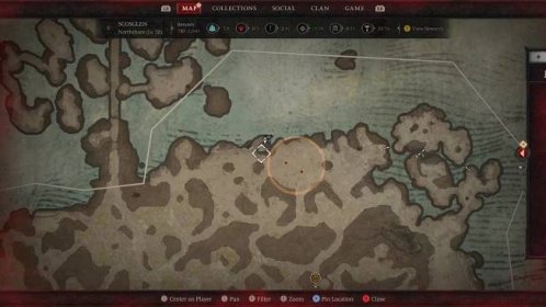 A map of Scosglen in Sanctuary showing the 22nd Altar of Lilith in Diablo 4