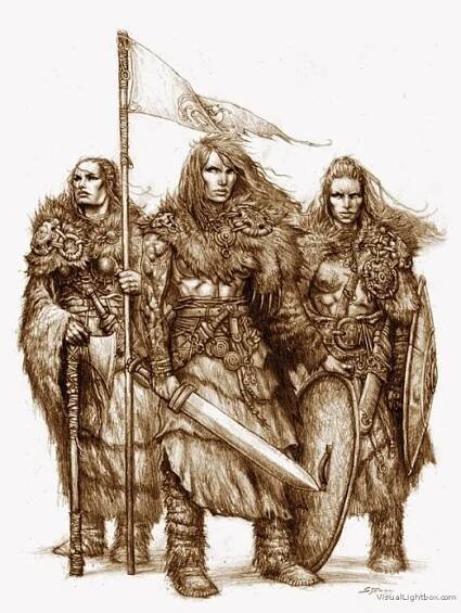 two women dressed in armor holding flags and standing next to each other with swords on their shoulders