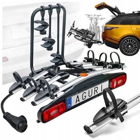 CYKLISTICKÝ NOSIČ NA HÁK Aguri Active Bike pro 3 jízdní kola VÝKLOPNÝ | STŘÍBRNÝ