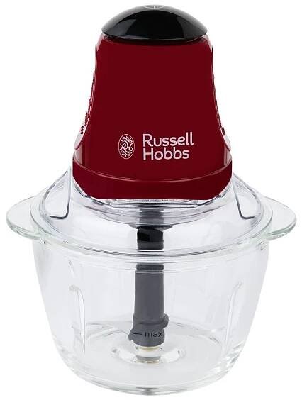 Červený kuchyňský robot Russell Hobbs se skleněnou miskou.