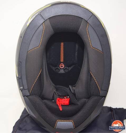 Bottom view of the interior liner and cheek padding