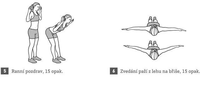 5. cvik= ranní pozdrav, 6. cvik= zvedání paží z lehu na břiše