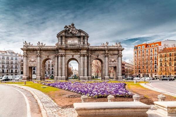 Alcala Gate in Madrid with Flower Beds