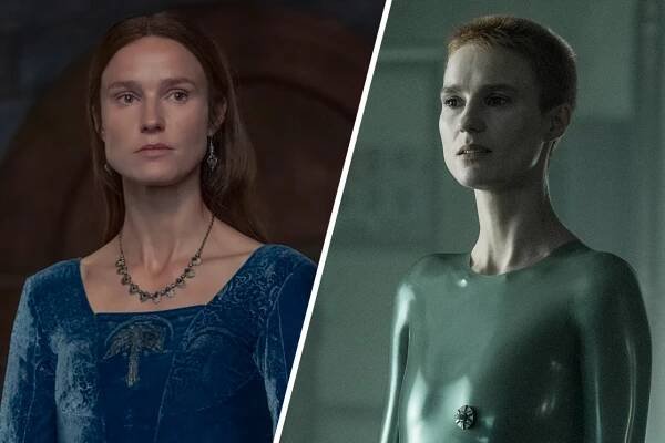 Slanted side-by-side of Amanda Collin as Jeyne Arryn in Hot D and Mother in Raised By Wolves