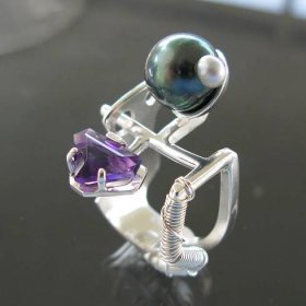 Sterling silver ring with an amethyst and a pearl by Dan Balk