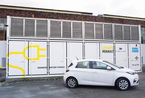 Electrive car in front of Groupe Renault Logo