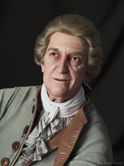 3d artwork of Andor Kollar in Maya with Arnold renderer, head, XGen hair, Jonathan Pryce as aristocrat with 18th costume, laces, scarf, wig and bow