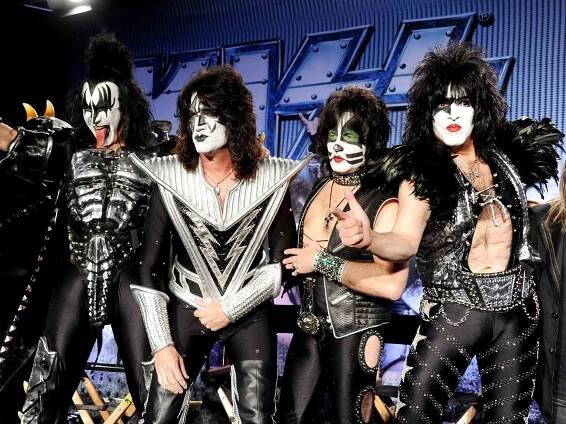 Gene Simmons, Tommy Thayer, Eric Singer and Paul Stanley appear onstage to announce their upcoming Motley Crue and KISS co-headlining tour at the Hollywood Roosevelt Hotel on March 20, 2012 in Los Angeles, California