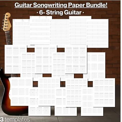 May include: A bundle of 13 printable guitar songwriting paper templates for 6-string guitar. The templates are printed on white paper and feature a grid pattern.