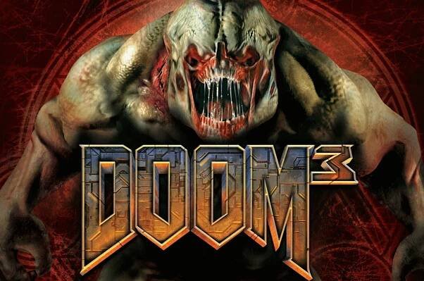 Doom 3 title, with the iconic 3d font and an ugly beast right behind it
