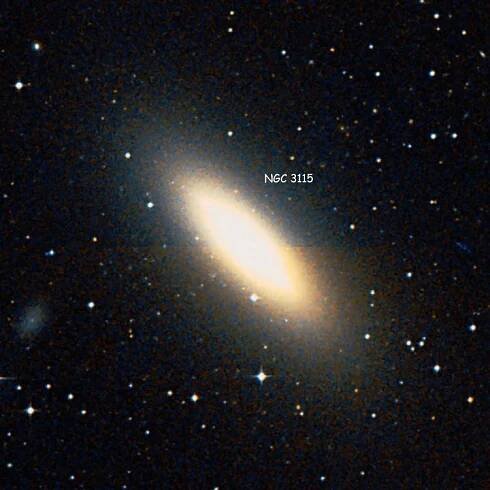 DSS image of region near lenticular galaxy NGC 3115, also known as the Spindle Galaxy