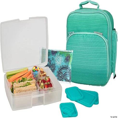 Bentology Lunch Bag and Box Set for Girls, 9 Pieces Total - Kids Insulated Lunchbox Tote, Bento Box, 5 Containers and Ice Pack - Turquoise