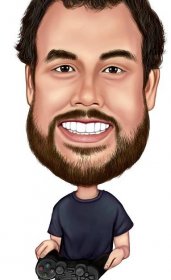 Osoba Tech Tester karikatura v přehnaném stylu na bílém pozadí