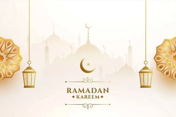 Elegant Ramadan Kareem greeting with golden lanterns, crescent moon, and mosque silhouette design on a soft beige background.