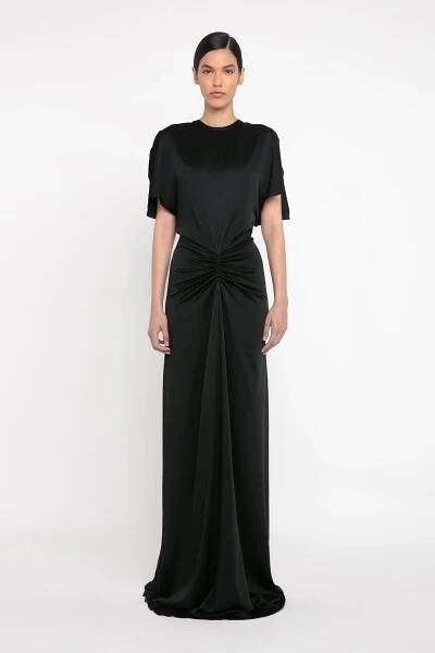 Gathered Waist Floor-Length Dress in Black