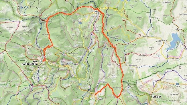 Trasa popisovaného výletu v Krkonoších na Sněžku na mapě