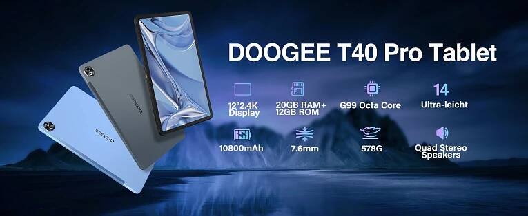 Tablet DOOGEE T40Pro Android14 20GB+512GB 10800mAh 12" 2.4K 4G LTE/OTG/16MP Operační systém Android