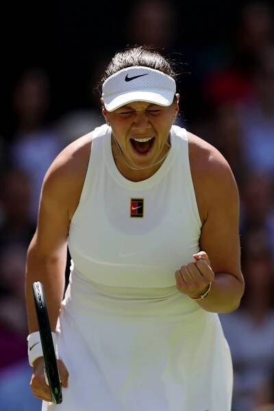 Amanda Anisimova celebrates during her Wimbledon semifinal match against Aryna Sabalenka on July 10, 2025.