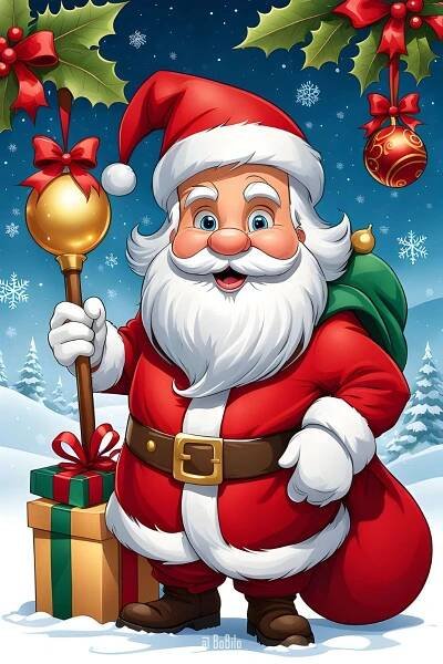 a cartoon santa clause holding a bell