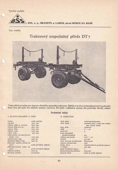 TRAKTOROVÝ ROZPOJITELNÝ PŘÍVĚS DT 17- KATALOGOVÝ LIST 1960