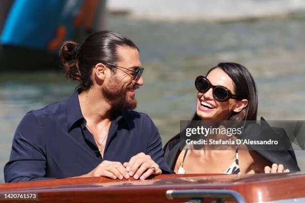 Francesca Chillemi and Can Yaman are seen during the 79th Venice International Film Festival on September 04, 2022 in Venice, Italy.