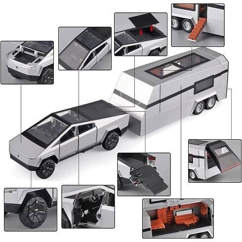 Model auta v měřítku 1/32 Cybertruck Pickup Přívěs tlakově litý, autíčko se zvukem a světlem pro děti Batole Boys Girls Collection