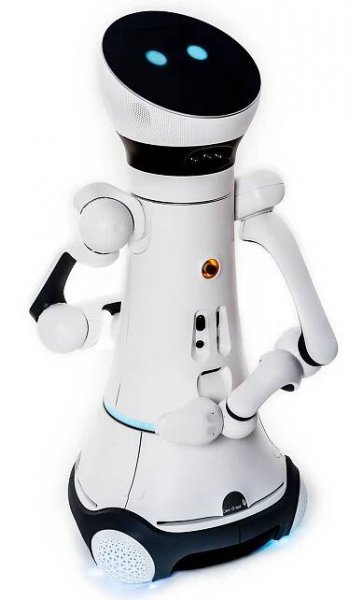 A robot with a black circular head with two glowing blue eyes, and two white hands on a wheeled base.