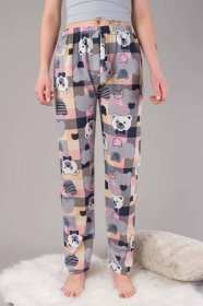 Bavlněné dámské pyžamové kalhoty, pohodlné, rovný spodní lem, méďa, kombinace barev