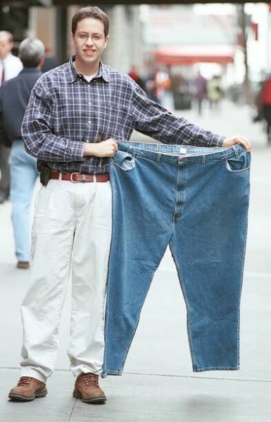 Subway guy Jared Fogle with his giant pants after he lost over 200 pounds.