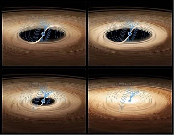Figure 30: These four images show an artist's impression of gas accreting onto the neutron star in the binary system MXB 1730-335, also known as the 