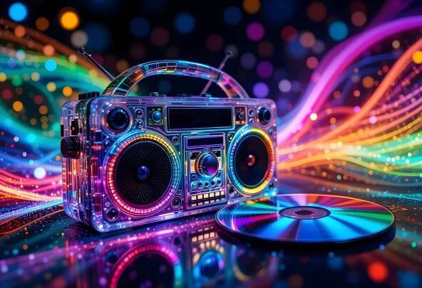 Bezplatný obrázek: Rozhlasový přijímač a kompaktní disk, 1990 disco-pop hudební styl barevné grafiky