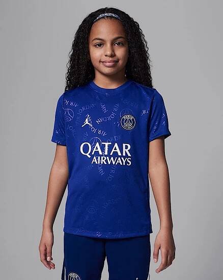 Čtvrté předzápasové fotbalové tričko Jordan Dri-FIT Paris Saint-Germain Academy Pro s krátkým rukávem pro větší děti