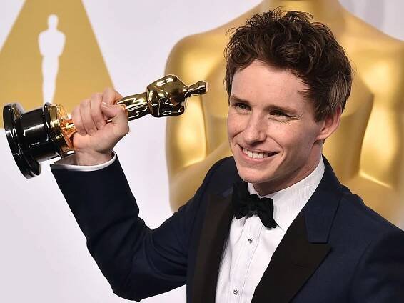 Eddie Redmayne poses in the press room with the award for best actor in a leading role for "The Theory of Everything" at the Oscars, at the Dolby Theatre in Los Angeles87th Academy Awards - Press Room, Los Angeles, USA - 22 Feb 2015