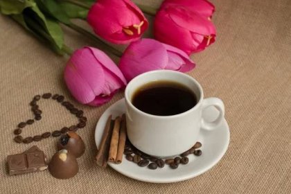 Šálek kávy zrnkové kávy na pytlovina a růžové tulipány — Stock obrázek