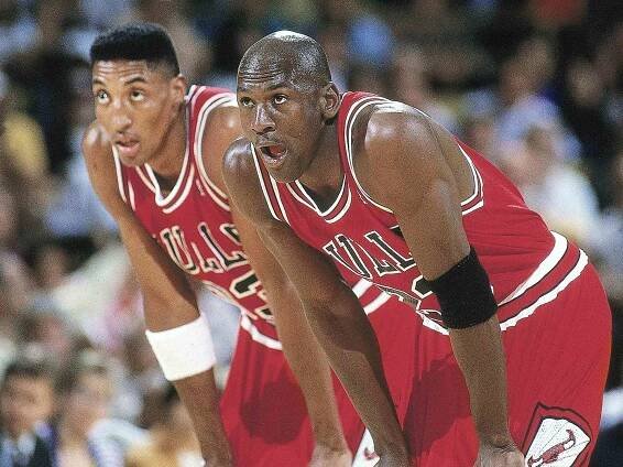 Pippen (33) and Michael Jordan (23) on the court during Game 5 vs Los Angeles Lakers, Inglewood, CA 6/12/1991