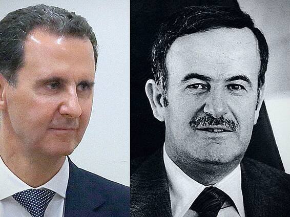 Collage of two photos: left is Bashar al Assad, right is his father Hafez al-Assad in