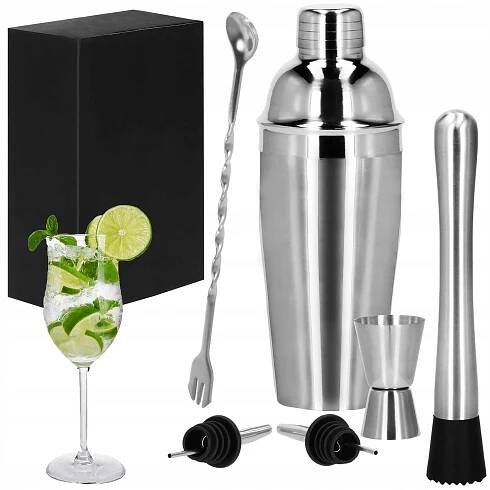 BARMANSKÝ SET 6ks NA KOKTEJLY A NÁPOJE ODMĚRKA SHAKER 750ml PROFESIONÁLNÍ