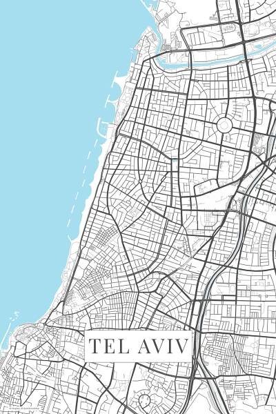 Mapa Tel Aviv white ǀ Mapy všech měst a států na zeď ǀ Posters.cz 