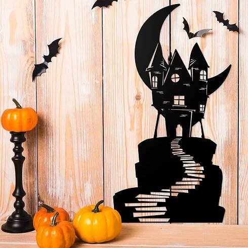 Dřevěná dekorace na Halloween - Strašidelný dům | Černá