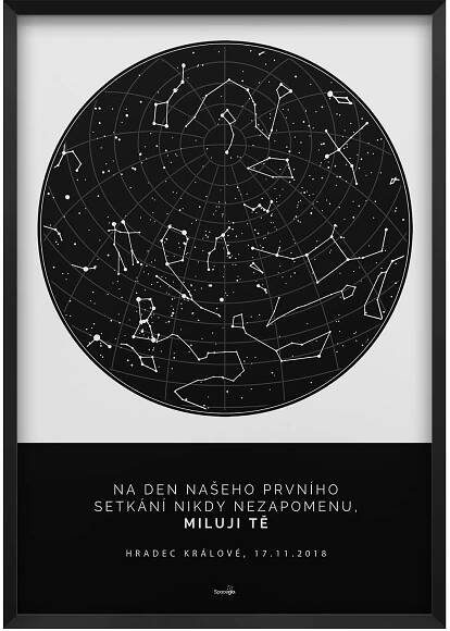 Svítící hvězdná mapa životního okamžiku - Skandinávský styl černo bílá - Spaceglo.cz