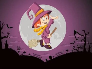 Witch girl flying over halloween cemetery background — Ilustrace