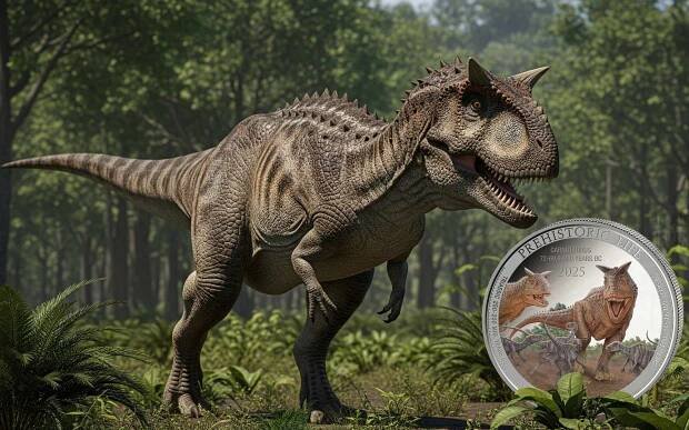 Prehistoric Life II bullion range roars back to life with the first of three new 2025 designs, starting with the theropod, Carnotaurus