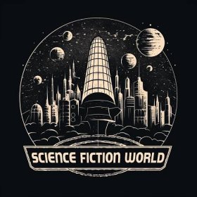 Science Fiction World logo of a futuristic city in space.