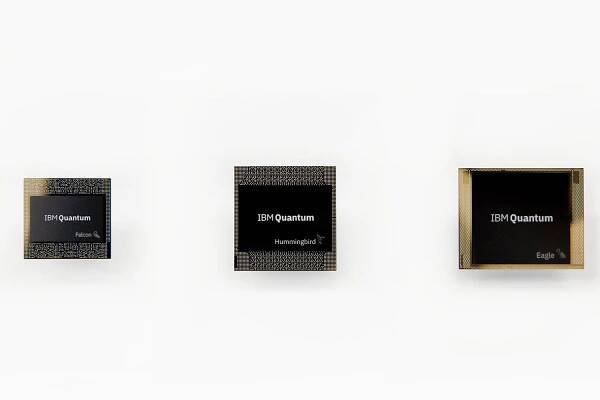L-R: IBM Quantum Falcon, IBM Quantum Hummingbird, IBM Quantum Eagle processors.
